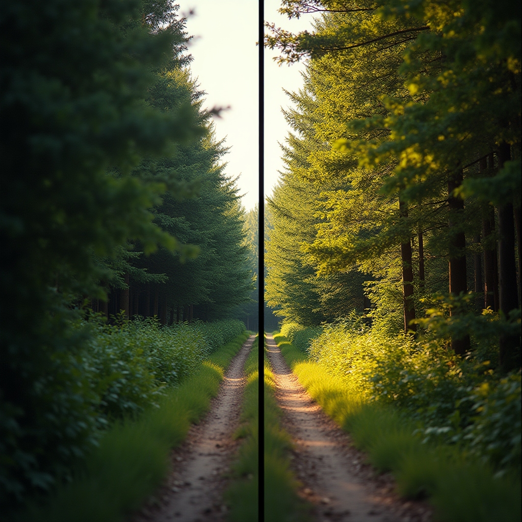 Vorher-Nachher Vergleich einer Waldszene vor und nach der Farbkorrektur