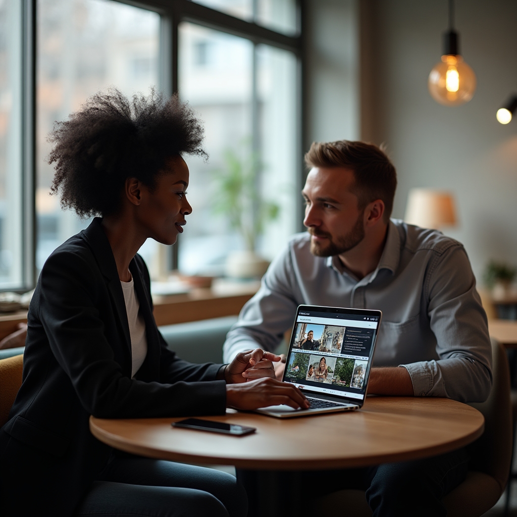 Zwei Personen besprechen an einem Tisch ein Videoprojekt anhand eines Laptops