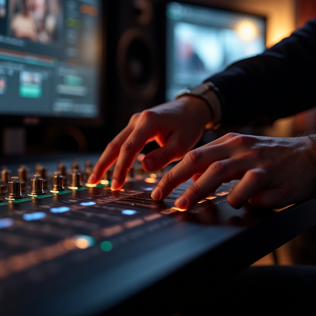Nahaufnahme einer Hand am Farbkorrektur-Bedienpanel mit Trackballs
