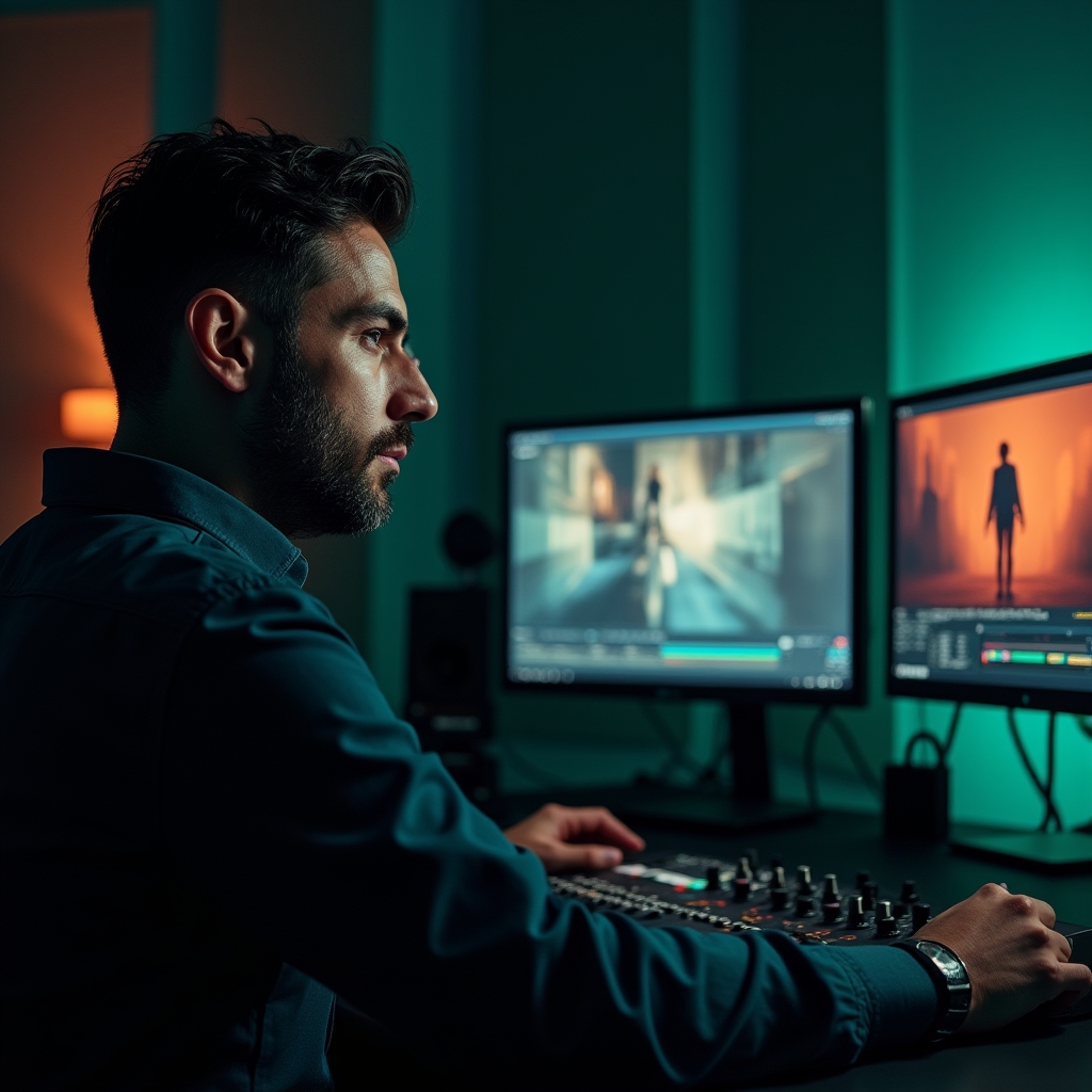 Colorist sitzt an einem Grading-Pult vor mehreren kalibrierten Monitoren und bearbeitet Filmmaterial