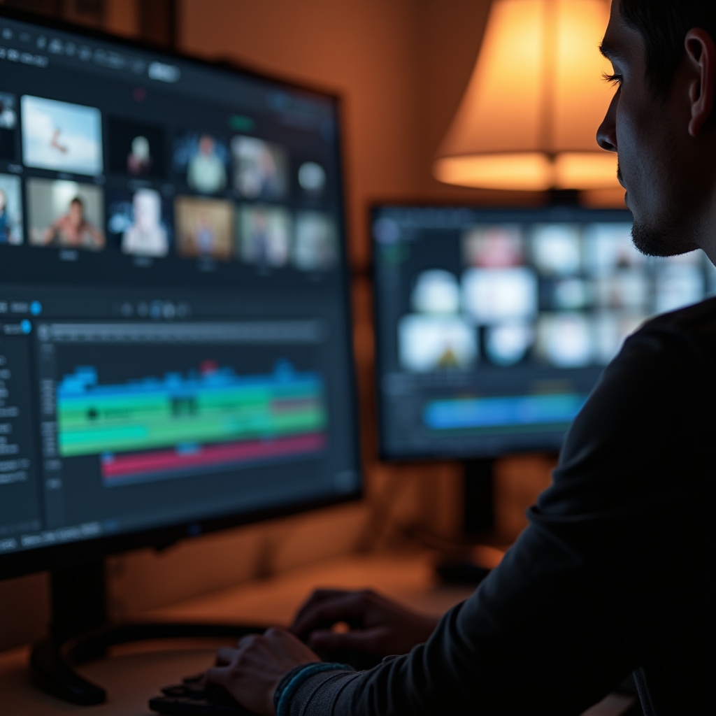 Hände scrollen durch eine Videobearbeitungs-Timeline mit mehreren Spuren