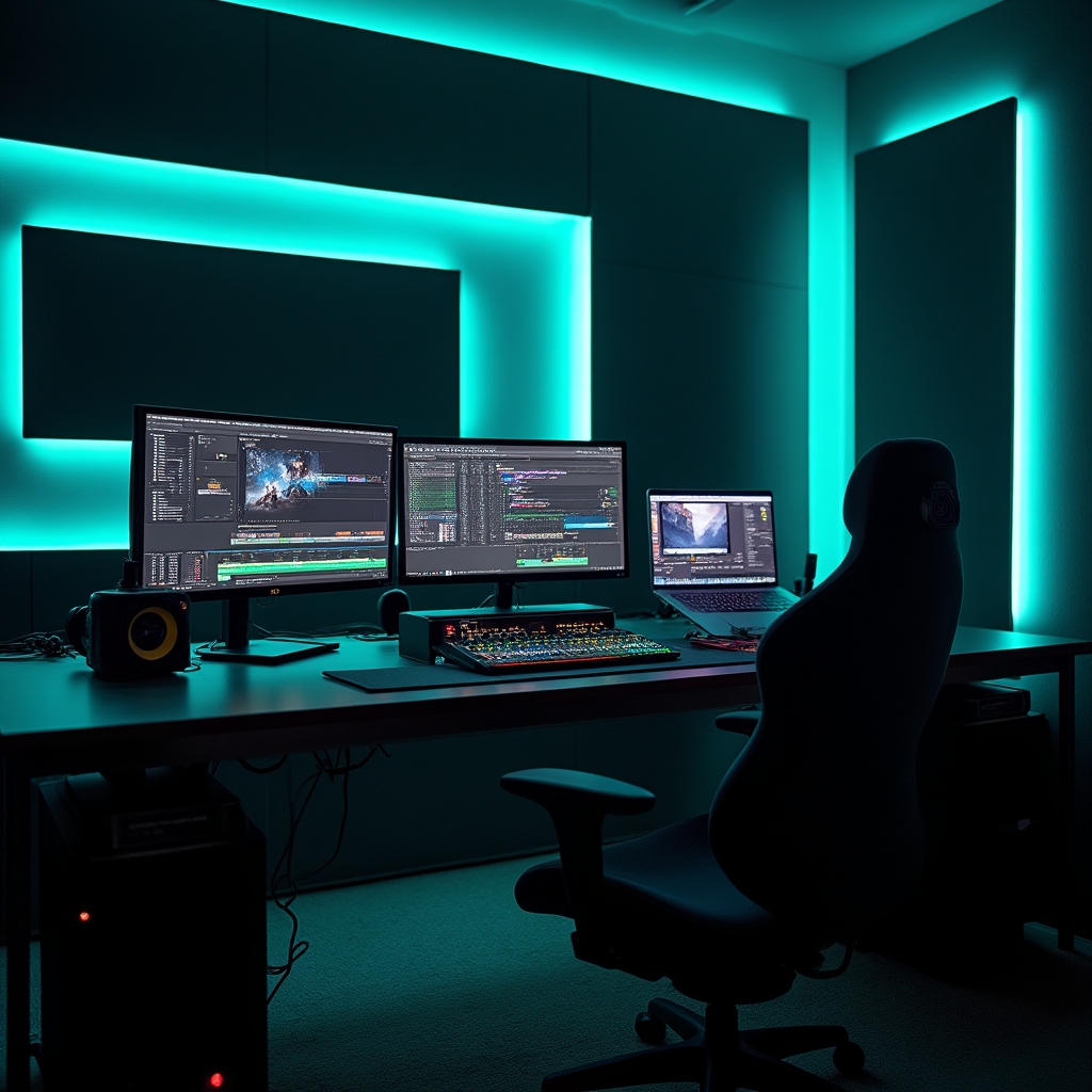 Weite Ansicht eines Grading-Arbeitsplatzes mit zwei Monitoren und Bedienpanel
